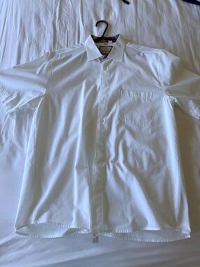HAUPT Germany Men's Large (16.5) White Plaid Trim Short Sleeve Button Down Shirt